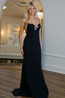 Load image into Gallery viewer, Black Satin Spaghetti Straps Mermaid Long Prom Dress with Bow