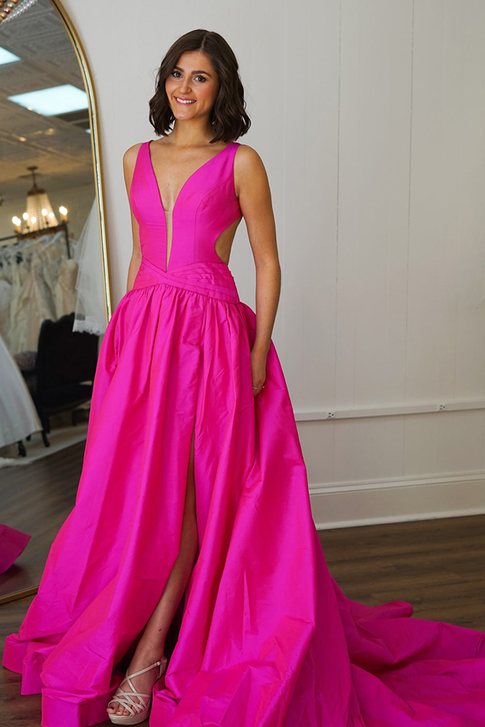 Princess Fuchsia Satin A Line Long Prom Dress with Slit