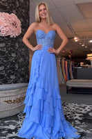 Load image into Gallery viewer, Blue Chiffon Corset Sheath Long Prom Dress with Ruffles