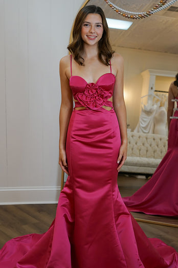 Red Satin Mermaid Long Prom Dress with Flowers