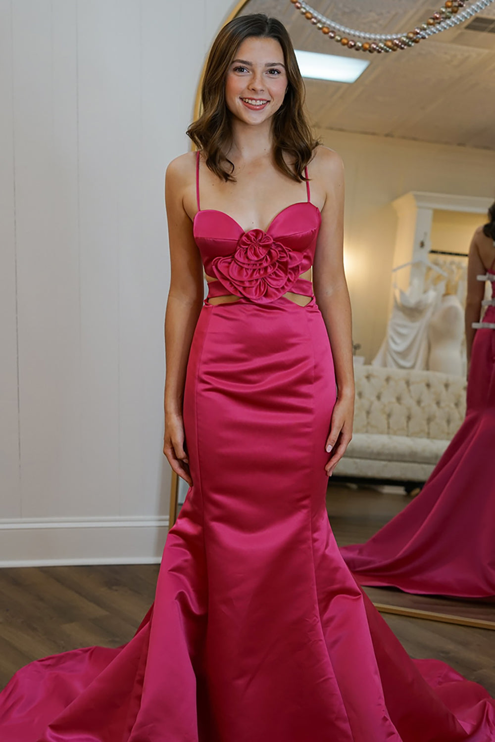 Red Satin Mermaid Long Prom Dress with Flowers