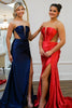 Load image into Gallery viewer, Red Satin Corset Strapless Mermaid Long Prom Dress with Slit