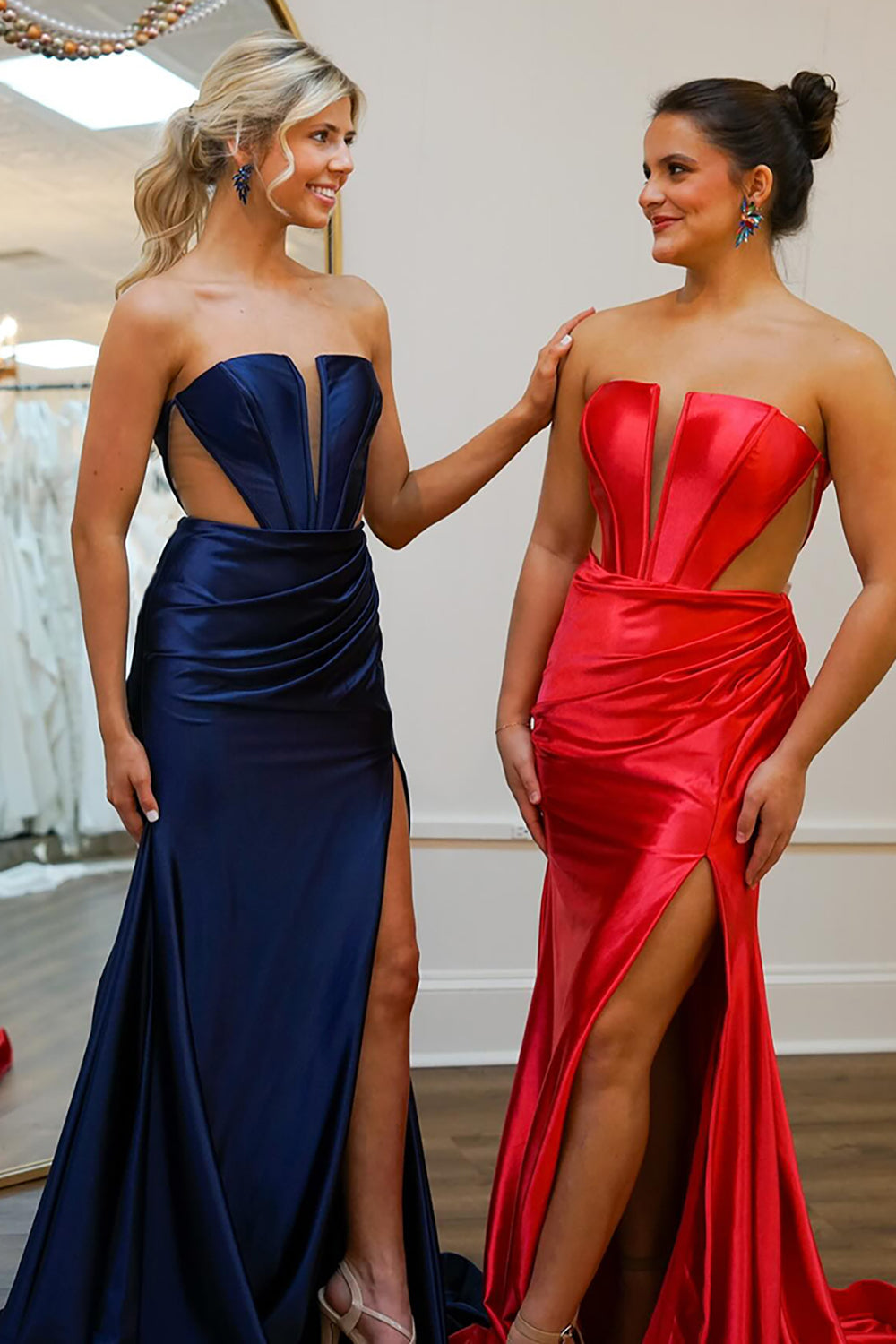 Red Satin Corset Strapless Mermaid Long Prom Dress with Slit