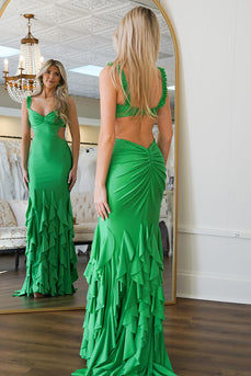 Green Satin Mermaid Long Prom Dress with Ruffles
