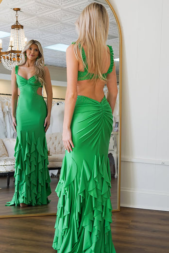Green Satin Mermaid Long Prom Dress with Ruffles