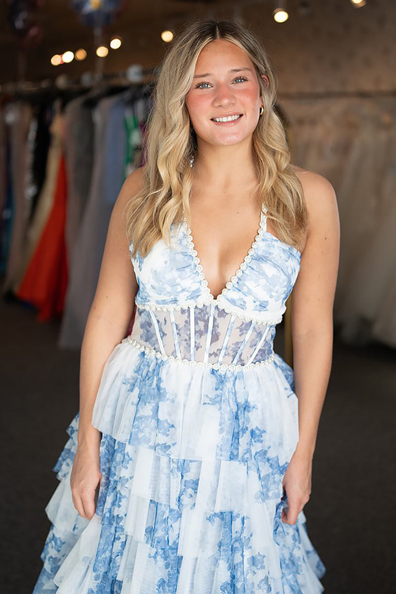 Load image into Gallery viewer, Princess White Blue Tulle Floral Corset Ball Gown Long Prom Dress with Ruffles