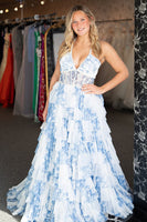 Load image into Gallery viewer, Princess White Blue Tulle Floral Corset Ball Gown Long Prom Dress with Ruffles