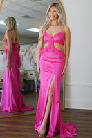 Load image into Gallery viewer, Fuchsia Satin Mermaid Long Prom Dress with Slit