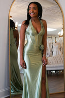 Load image into Gallery viewer, Sage Satin Corset Halter Mermaid Long Prom Dress with Slit