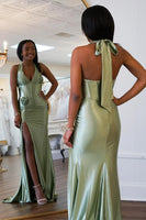 Load image into Gallery viewer, Sage Satin Corset Halter Mermaid Long Prom Dress with Slit