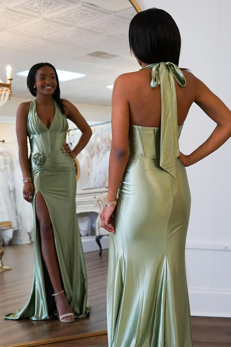 Load image into Gallery viewer, Sage Satin Corset Halter Mermaid Long Prom Dress with Slit