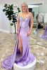 Load image into Gallery viewer, Sparkly Lilac Satin Corset Beaded Mermaid Long Prom Dress with Slit