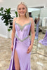 Load image into Gallery viewer, Sparkly Lilac Satin Corset Beaded Mermaid Long Prom Dress with Slit