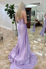 Load image into Gallery viewer, Sparkly Lilac Satin Corset Beaded Mermaid Long Prom Dress with Slit