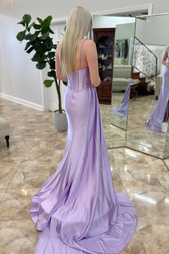 Sparkly Lilac Satin Corset Beaded Mermaid Long Prom Dress with Slit