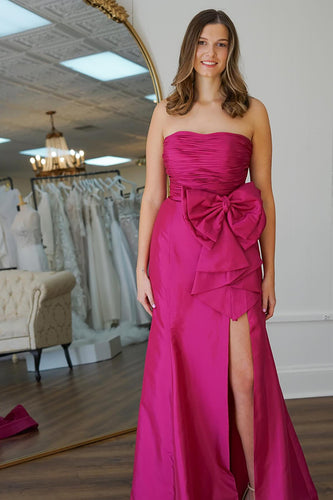 Fuchsia Satin Pleated Sheath Long Prom Dress with Slit