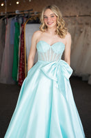 Load image into Gallery viewer, Princess Light Green Satin Corset Ball Gown Long Prom Dress with Bow