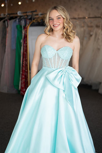 Princess Light Green Satin Corset Ball Gown Long Prom Dress with Bow