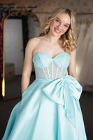 Load image into Gallery viewer, Princess Light Green Satin Corset Ball Gown Long Prom Dress with Bow