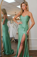 Load image into Gallery viewer, Sage Satin Corset Mermaid Long Prom Dress with Slit