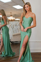 Load image into Gallery viewer, Sage Satin Corset Mermaid Long Prom Dress with Slit