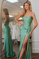 Load image into Gallery viewer, Sage Satin Corset Mermaid Long Prom Dress with Slit