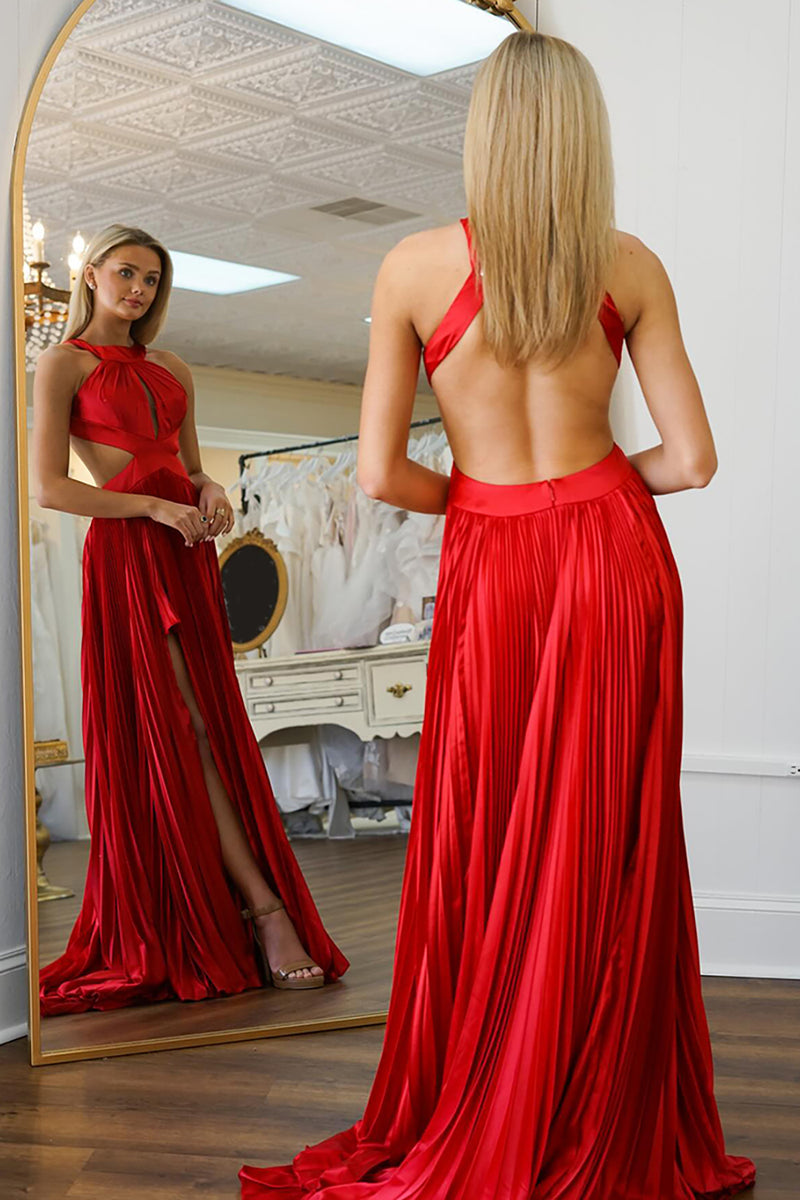 Load image into Gallery viewer, Princess Red Satin Pleated A Line Long Prom Dress with Slit
