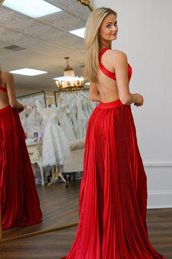 Princess Red Satin Pleated A Line Long Prom Dress with Slit