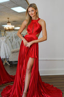 Load image into Gallery viewer, Princess Red Satin Pleated A Line Long Prom Dress with Slit