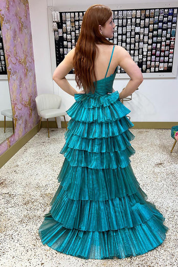 Princess Peacock Green Pleated Ball Gown High Low Prom Dress with Ruffles