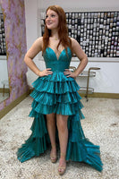 Load image into Gallery viewer, Princess Peacock Green Pleated Ball Gown High Low Prom Dress with Ruffles