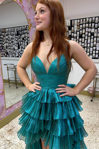 Princess Peacock Green Pleated Ball Gown High Low Prom Dress with Ruffles