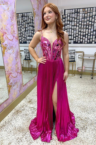 Princess Fuchsia Metallic Pleated A Line Long Prom Dress with Slit