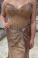 Load image into Gallery viewer, Sparkly Gold Sequin Corset Beaded Long Prom Dress with Slit