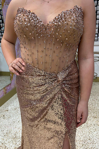 Sparkly Gold Sequin Corset Beaded Long Prom Dress with Slit