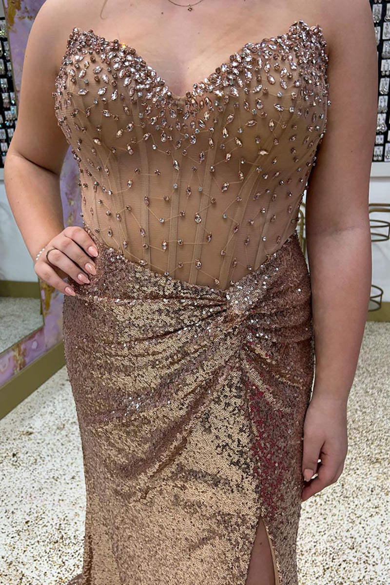 Load image into Gallery viewer, Sparkly Gold Sequin Corset Beaded Long Prom Dress with Slit