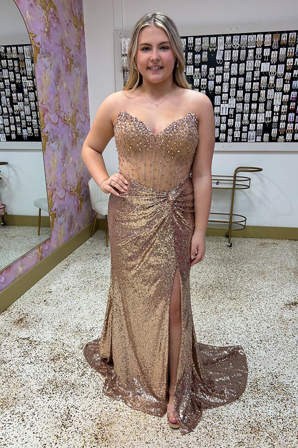 Sparkly Gold Sequin Corset Beaded Long Prom Dress with Slit