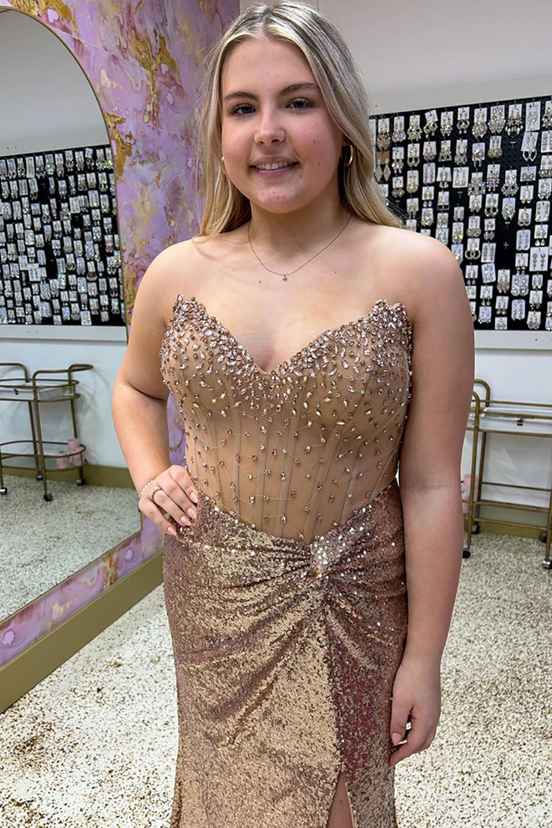 Load image into Gallery viewer, Sparkly Gold Sequin Corset Beaded Long Prom Dress with Slit