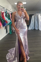 Load image into Gallery viewer, Light Pink Metallic Corset Mermaid Long Prom Dress with Slit