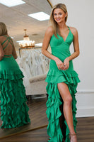 Load image into Gallery viewer, Green Satin Spaghetti Straps Mermaid Long Prom Dress with Ruffles