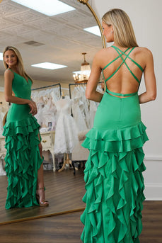 Green Satin Spaghetti Straps Mermaid Long Prom Dress with Ruffles
