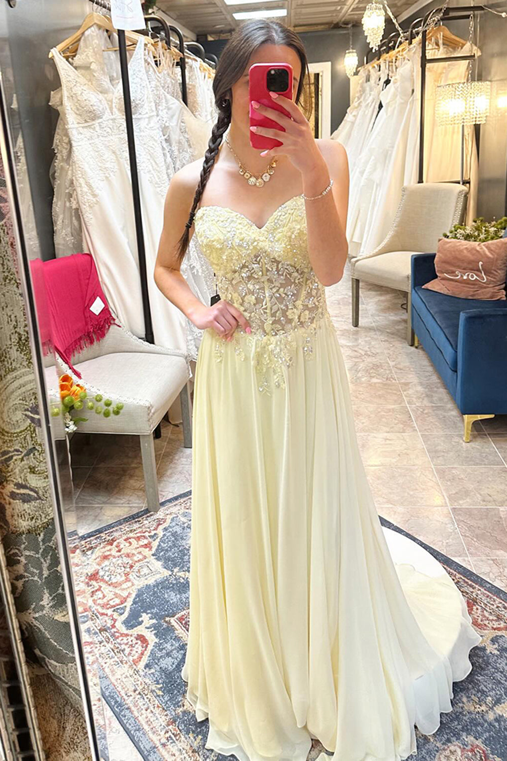 Princess Chiffon Yellow Corset A Line Long Prom Dress with Lace