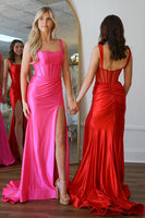 Load image into Gallery viewer, Red Satin Mermaid Corset Long Prom Dress with Slit