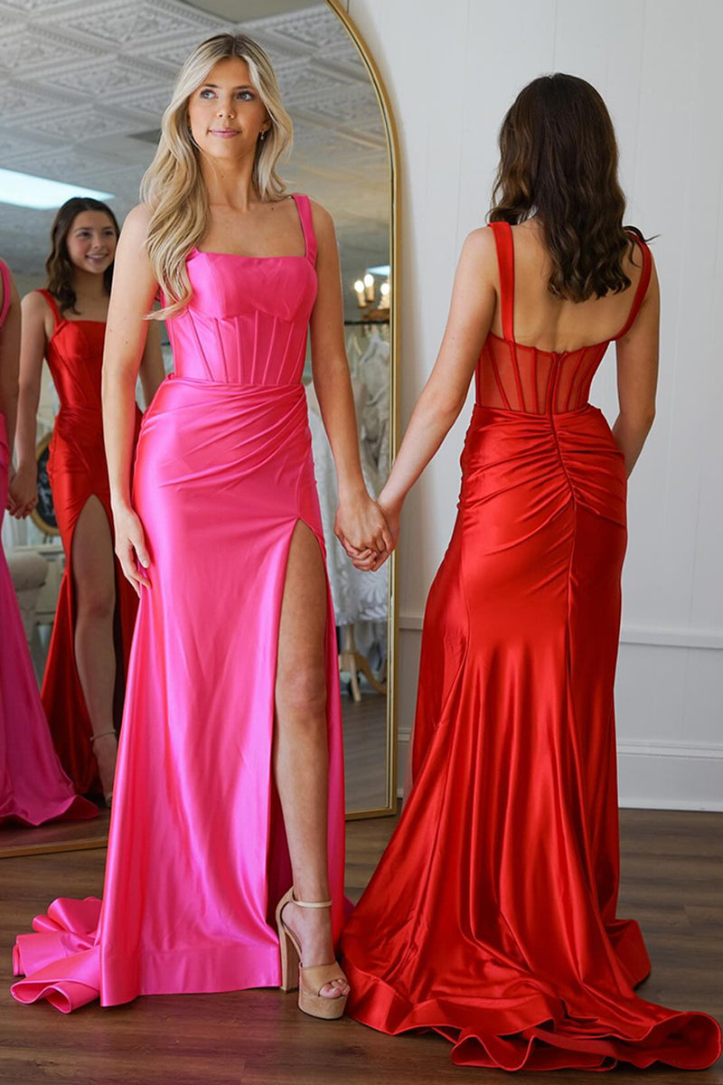 Load image into Gallery viewer, Red Satin Mermaid Corset Long Prom Dress with Slit