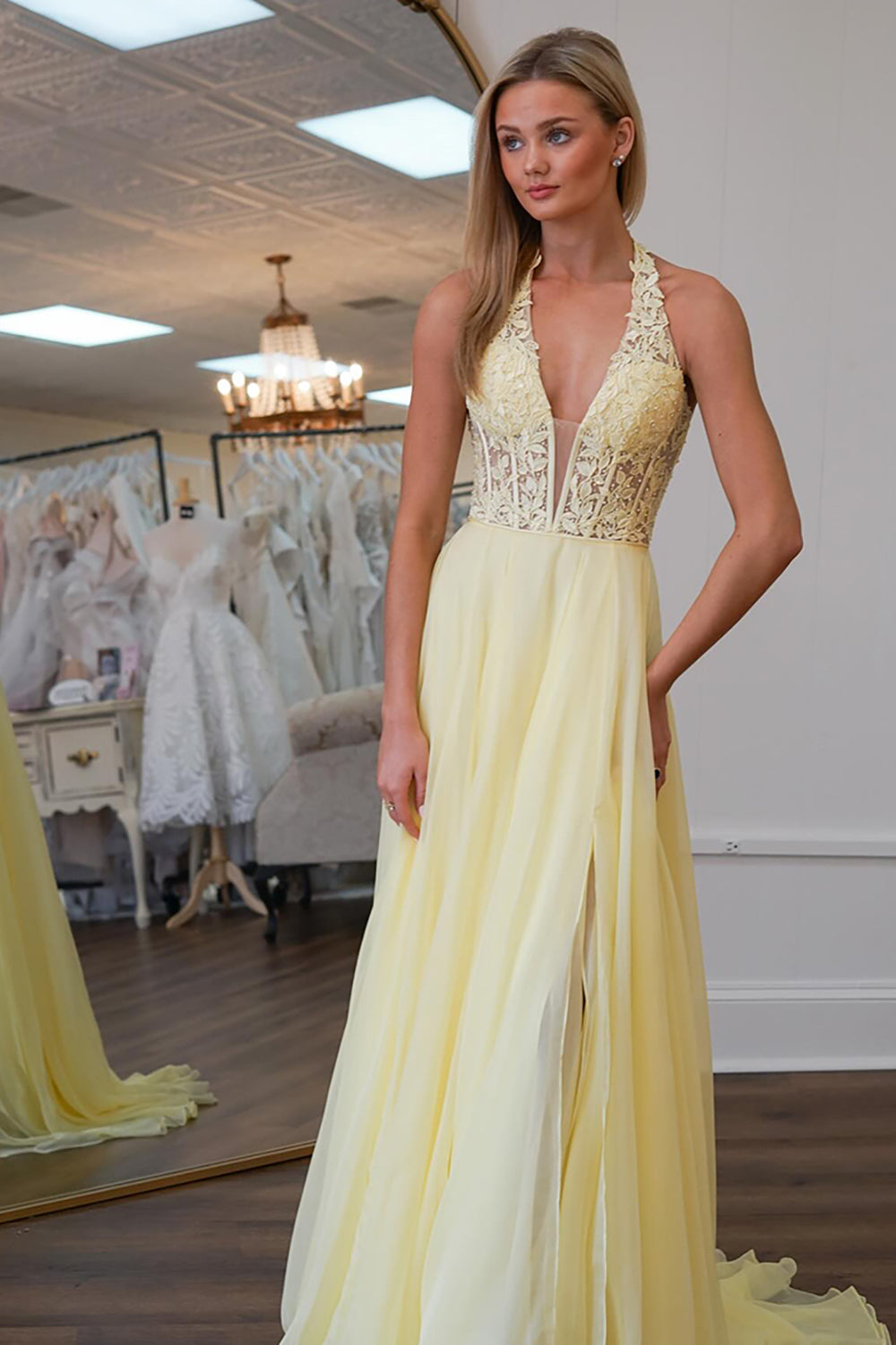 Princess Yellow Chiffon Corset Halter A Line Long Prom Dress with Lace