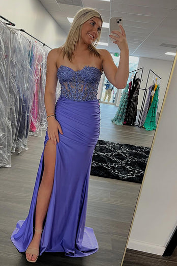 Lilac Satin Corset Mermaid Long Prom Dress with Slit