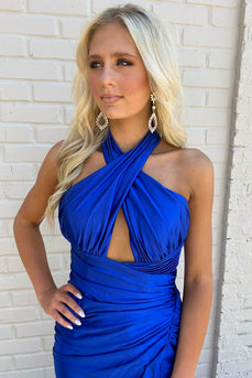 Royal Blue Satin Mermaid Long Prom Dress with Slit