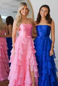 Princess Pink Chiffon A Line Long Prom Dress with Ruffles