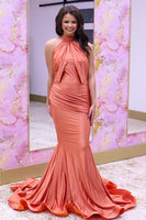 Load image into Gallery viewer, Orange Satin Ruched Mermaid Long Prom Dress