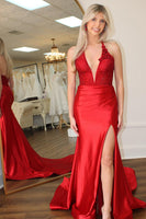Load image into Gallery viewer, Sparkly Red Satin Corset Beaded Mermaid Long Prom Dress with Slit